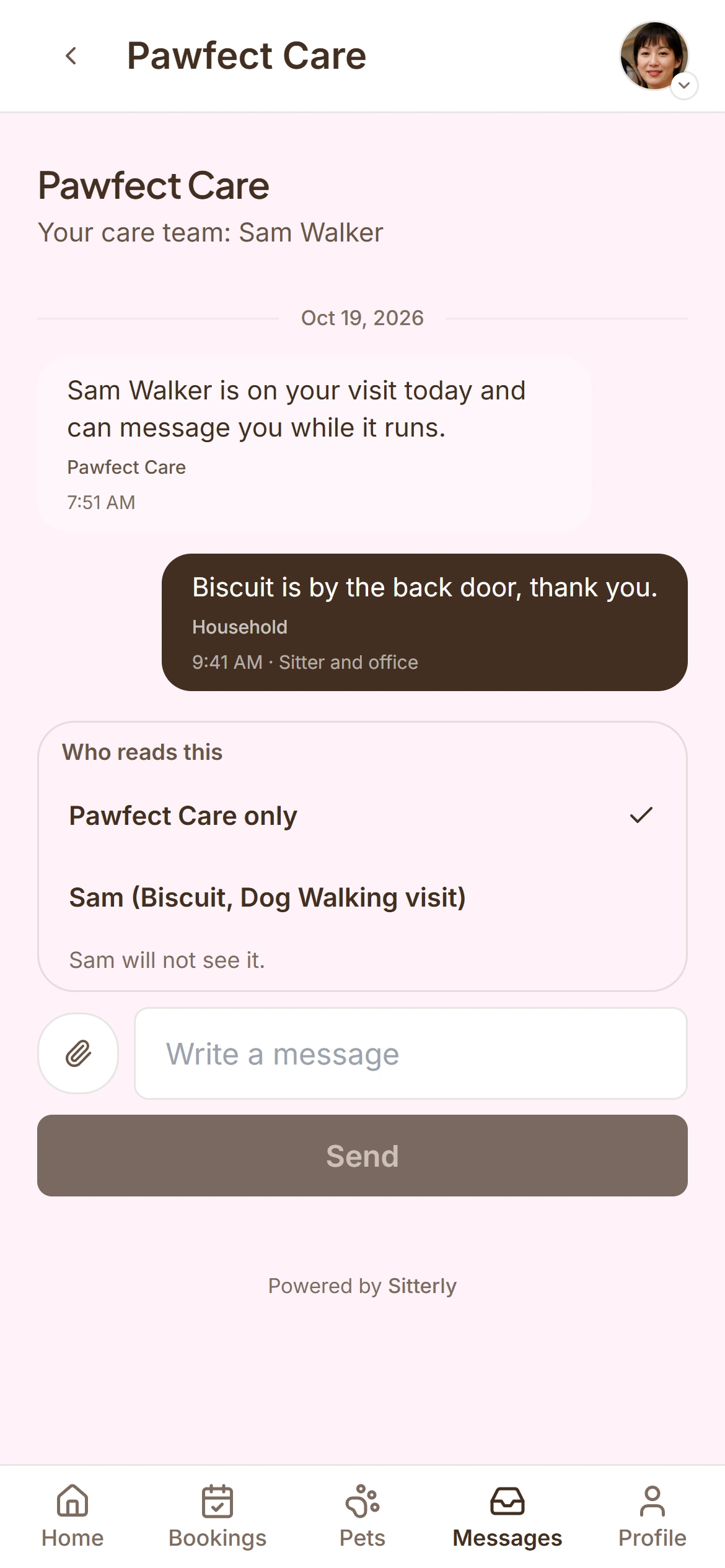 The client’s message thread with the business on a phone, with a choice of who reads the reply. Demo data.