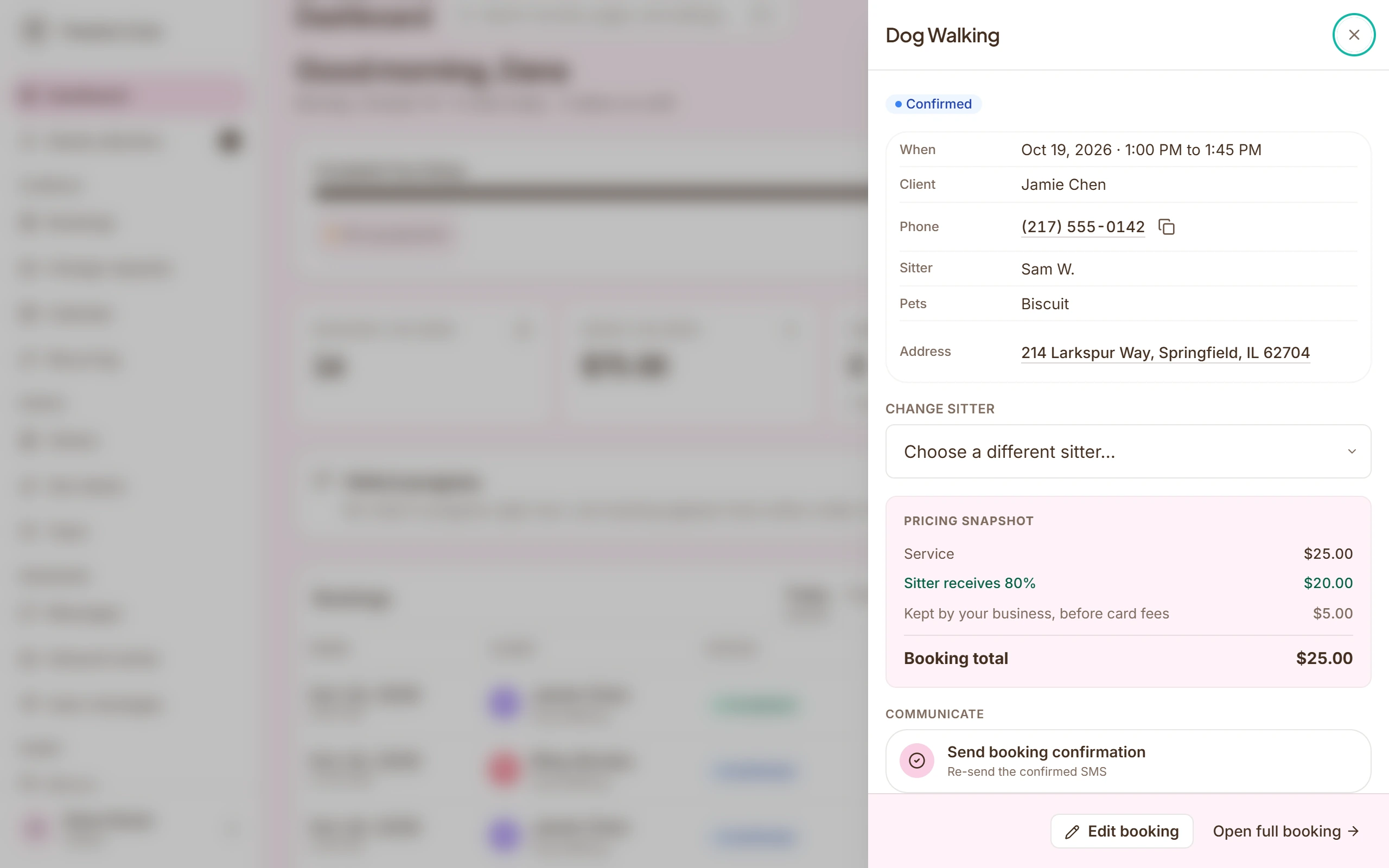 A dog walk opened as a drawer over the owner dashboard: time, client, phone, sitter, pet, address and the pricing snapshot. Demo data.