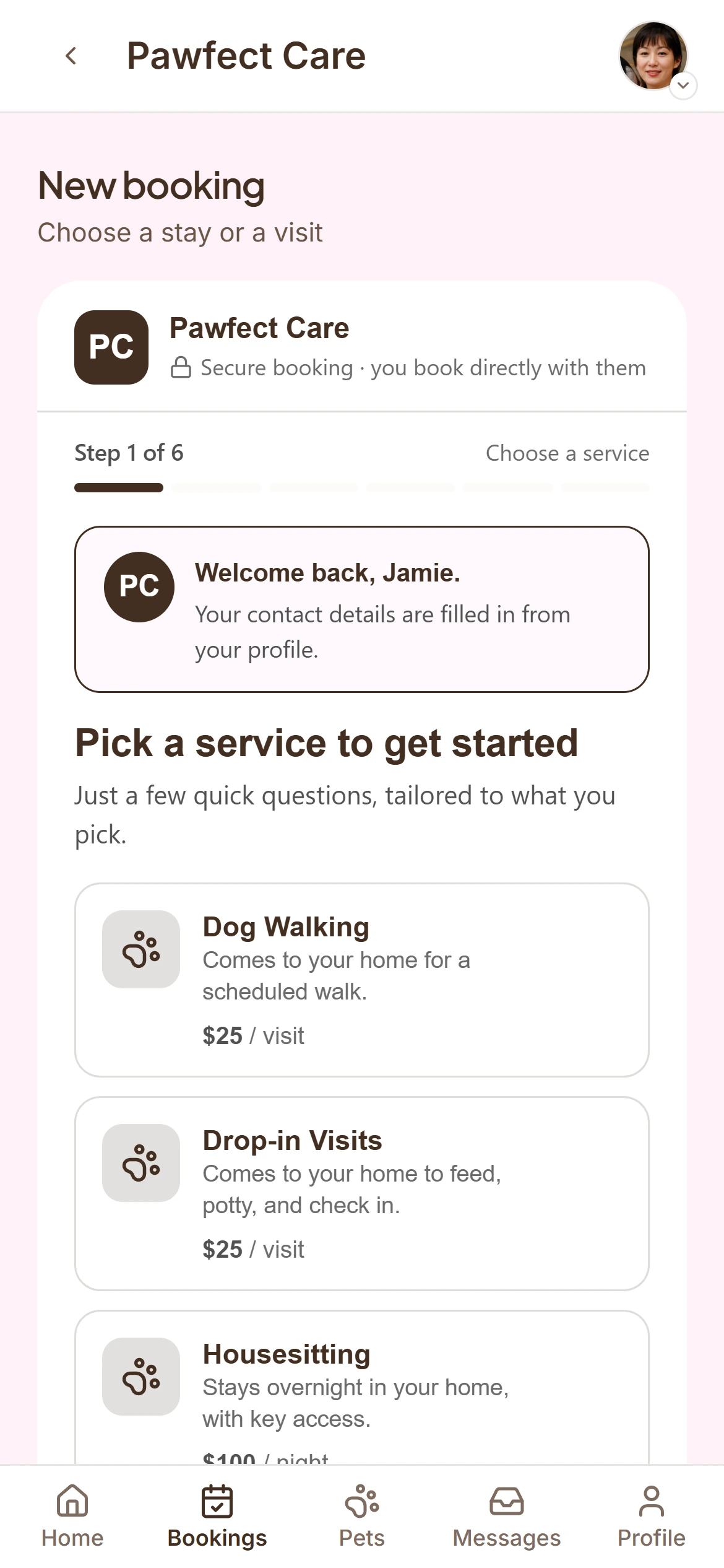 The client’s new booking on a phone: step one of six, pick a service, with prices. Demo data.