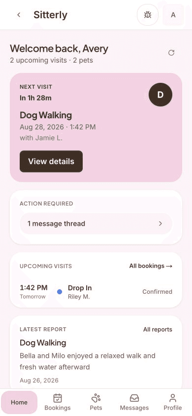 Sitterly client home view showing synthetic upcoming care