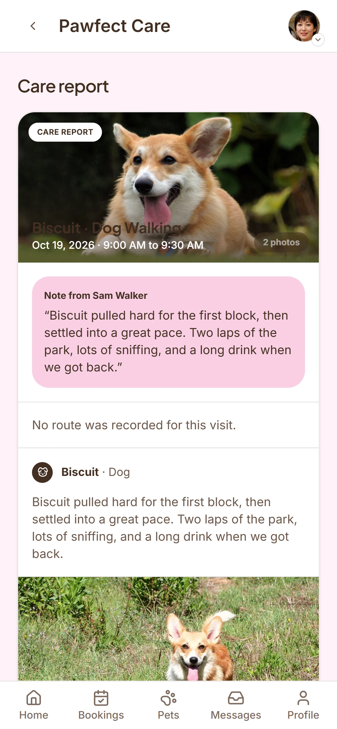 The client’s care report on a phone: photos of the dog from the walk, the time, and the sitter’s note. Demo data.