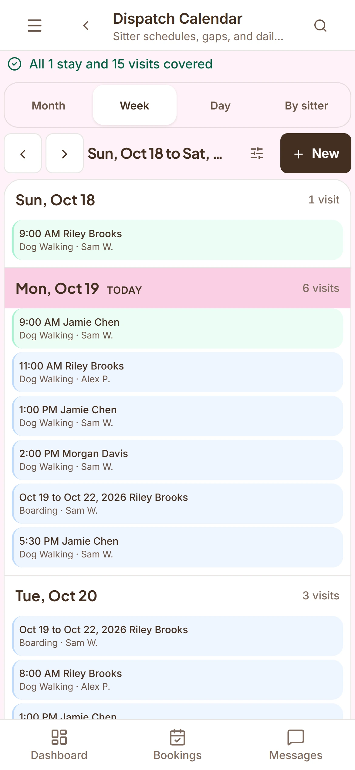 The owner calendar week on a phone: every visit covered, one list of days with each visit’s time, client, service and sitter. Demo data.