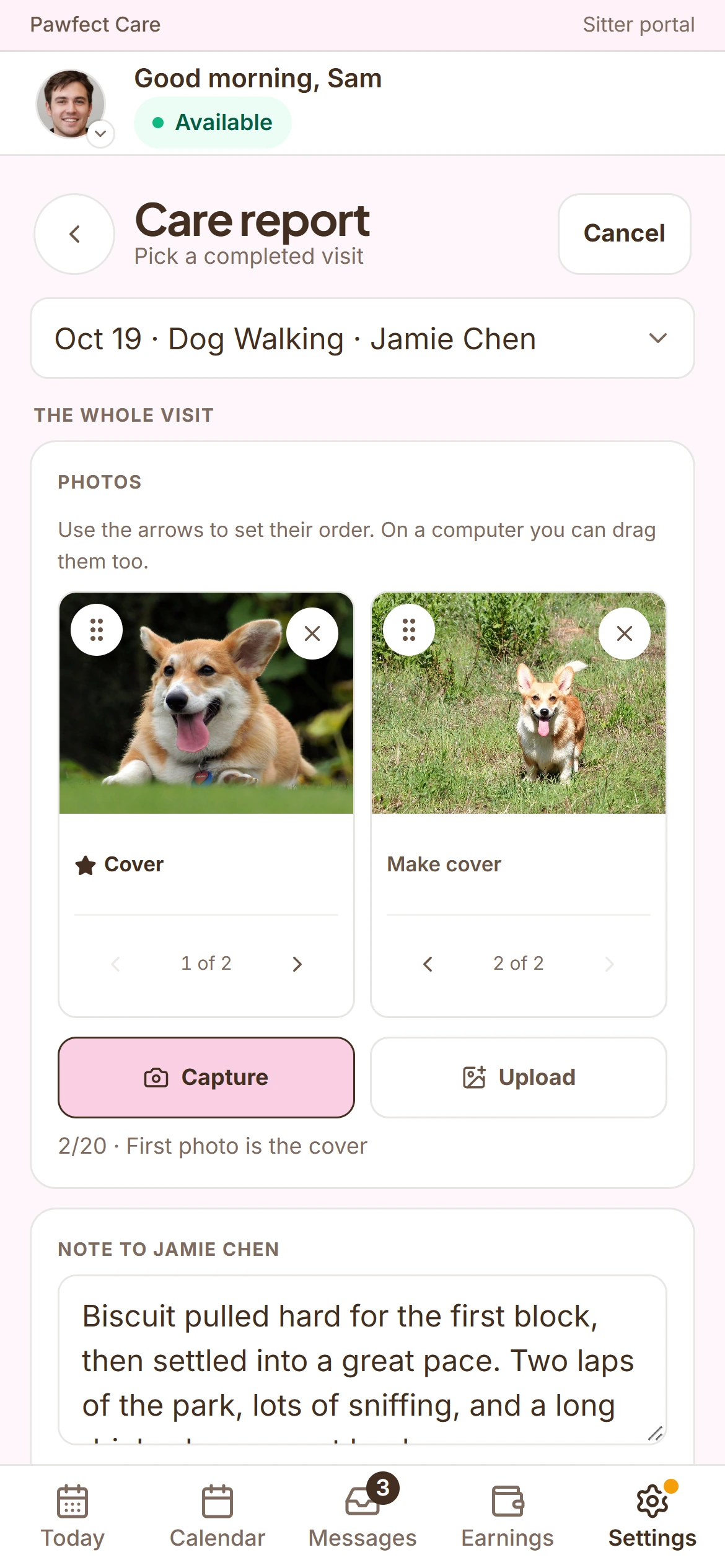 The care report form on a phone: two photos of the dog and a note to the client, in progress. Demo data.