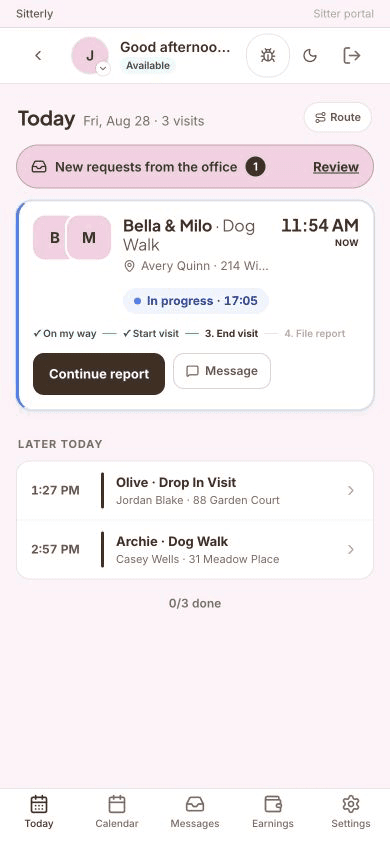 Sitterly sitter Today view showing a synthetic visit schedule