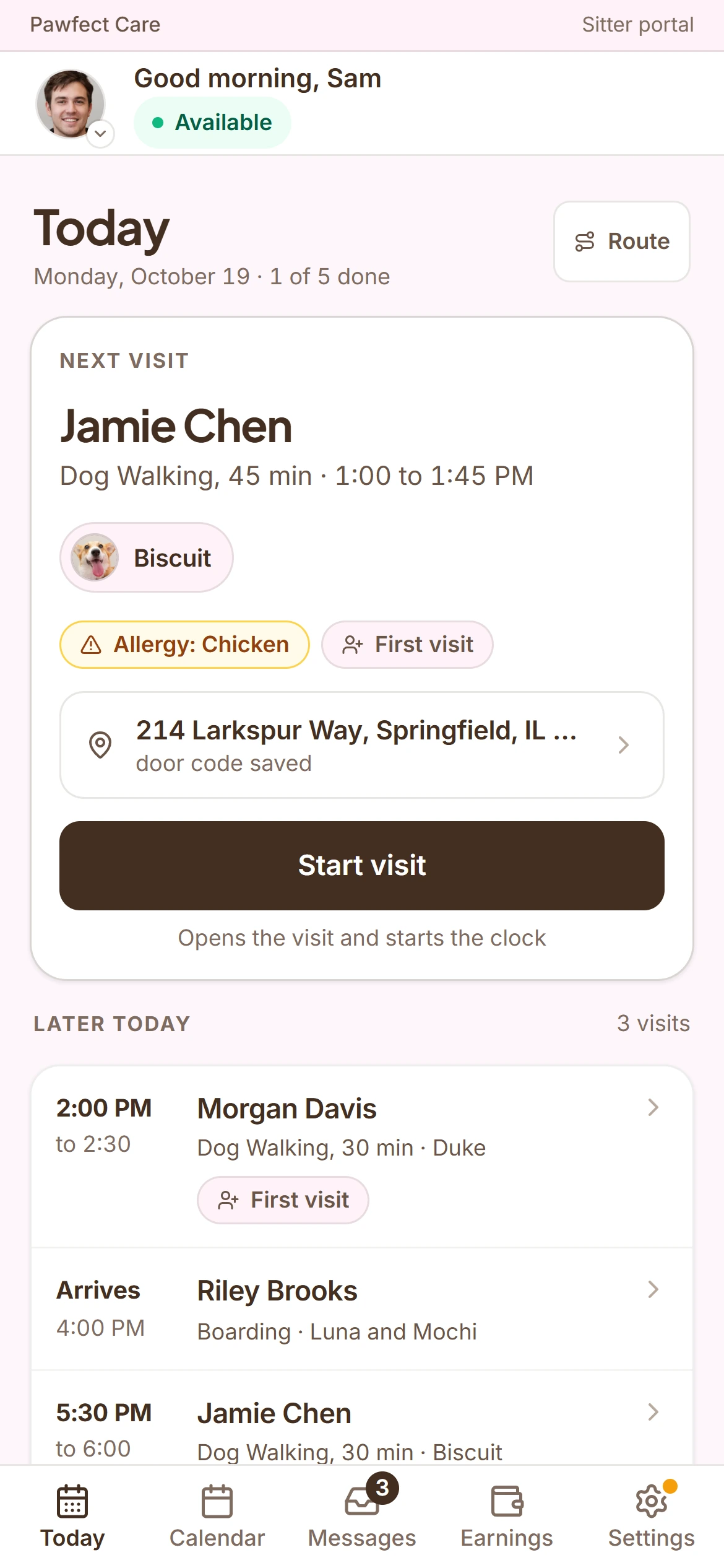 The Sitterly sitter view on a phone: the next visit with the pet’s photo, allergy and address, then the rest of the day in order. Demo data.