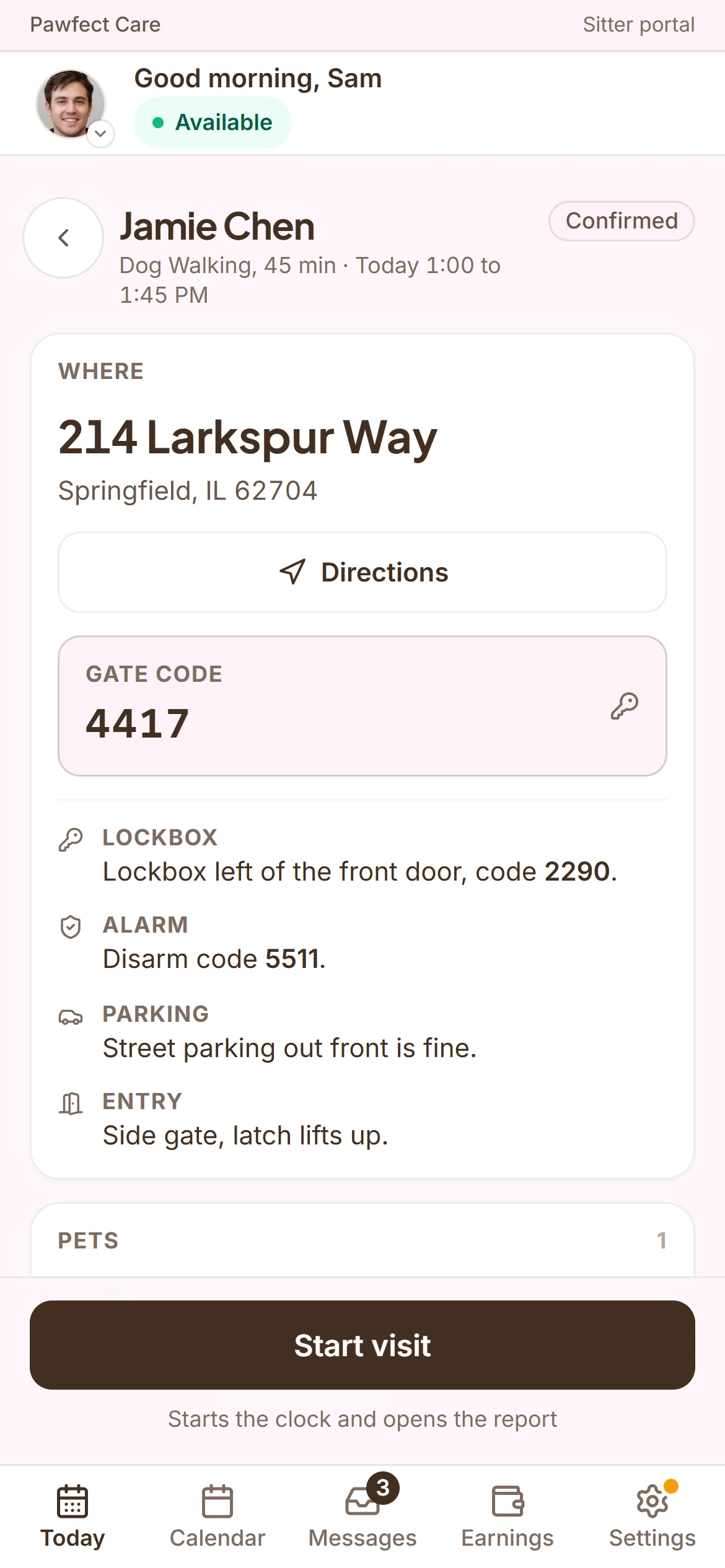 The sitter’s visit on a phone: the client’s address with directions, the gate code, the lockbox, alarm and parking notes, and how to get in. Demo data.